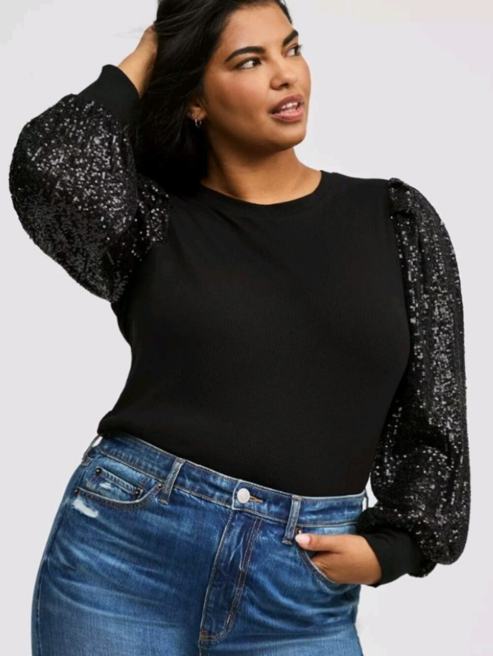 Torrid Black Sequin Puff-Sleeve Sweatshirt Size 2 (2x)